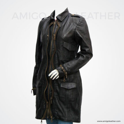 LONG BLACK LEATHER TRENCH COAT